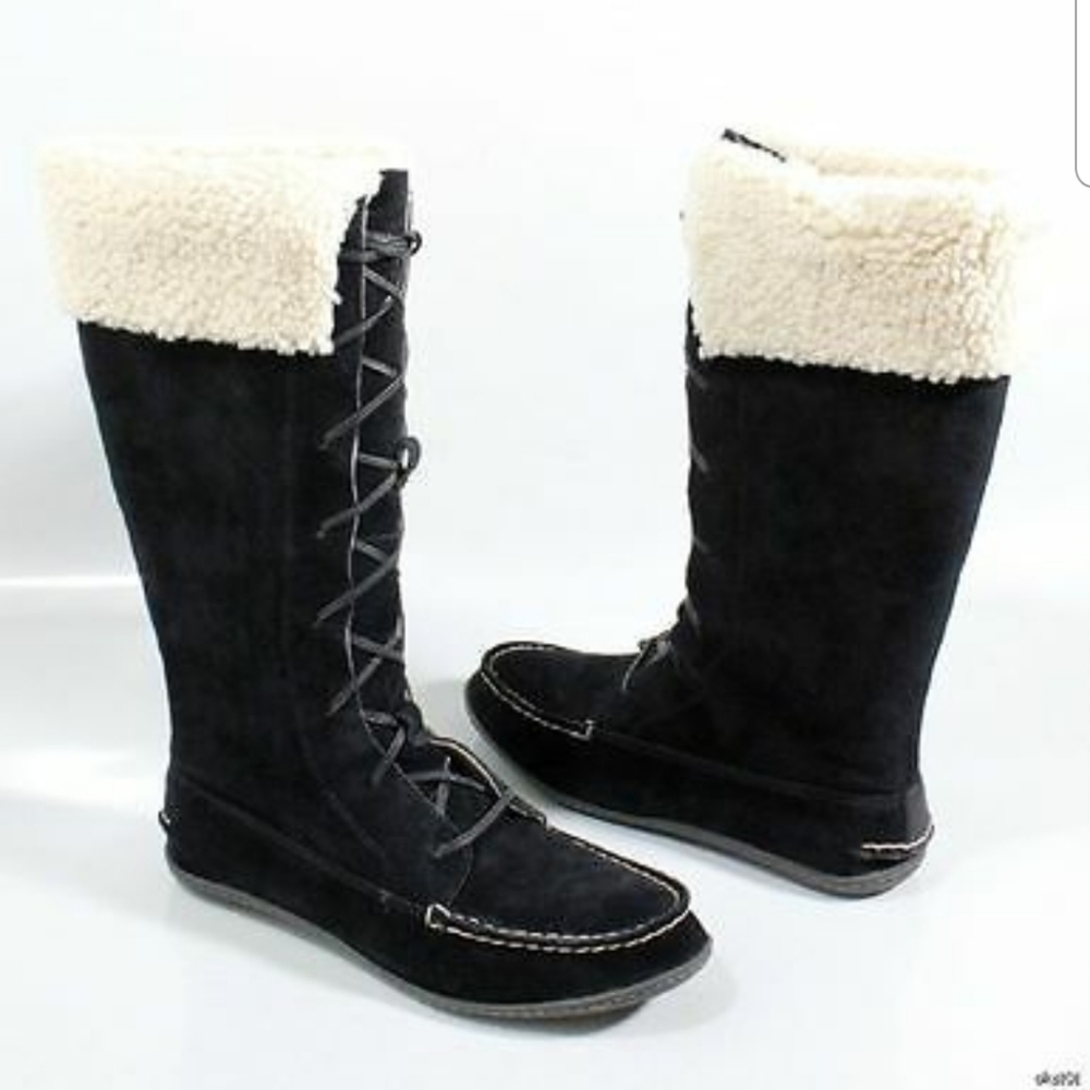 Sperry Bayshore black suede lace up moccasin boots Size 7